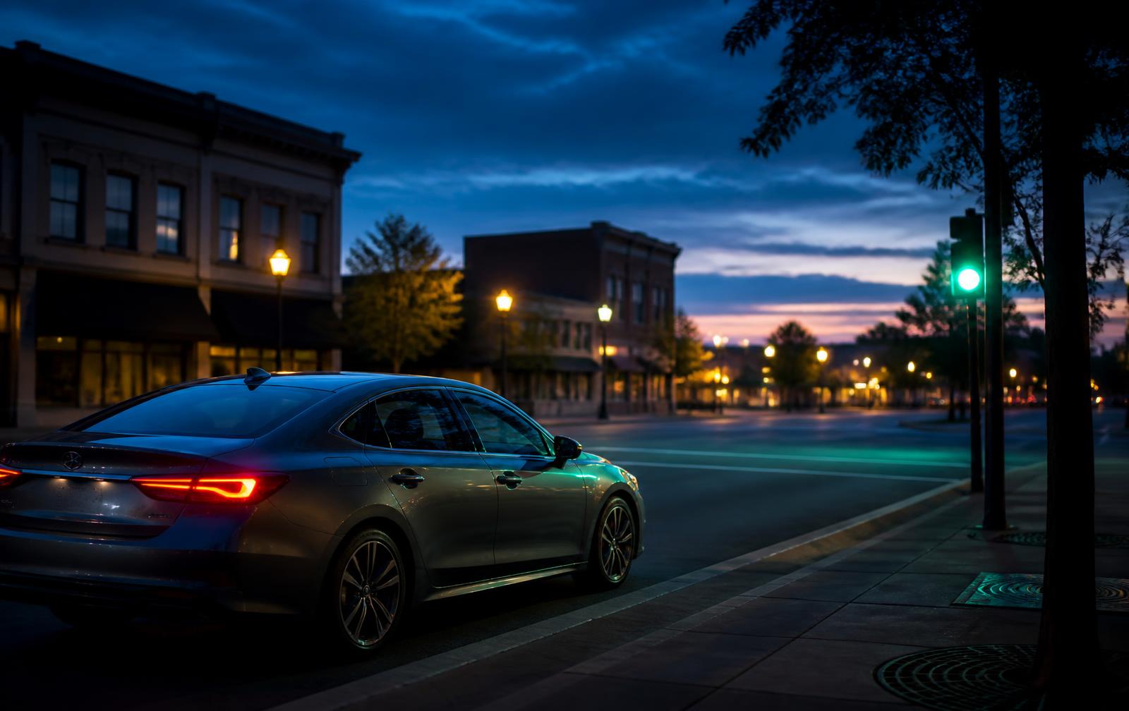 A car waiting at a curb on a quiet Dothan street at dusk